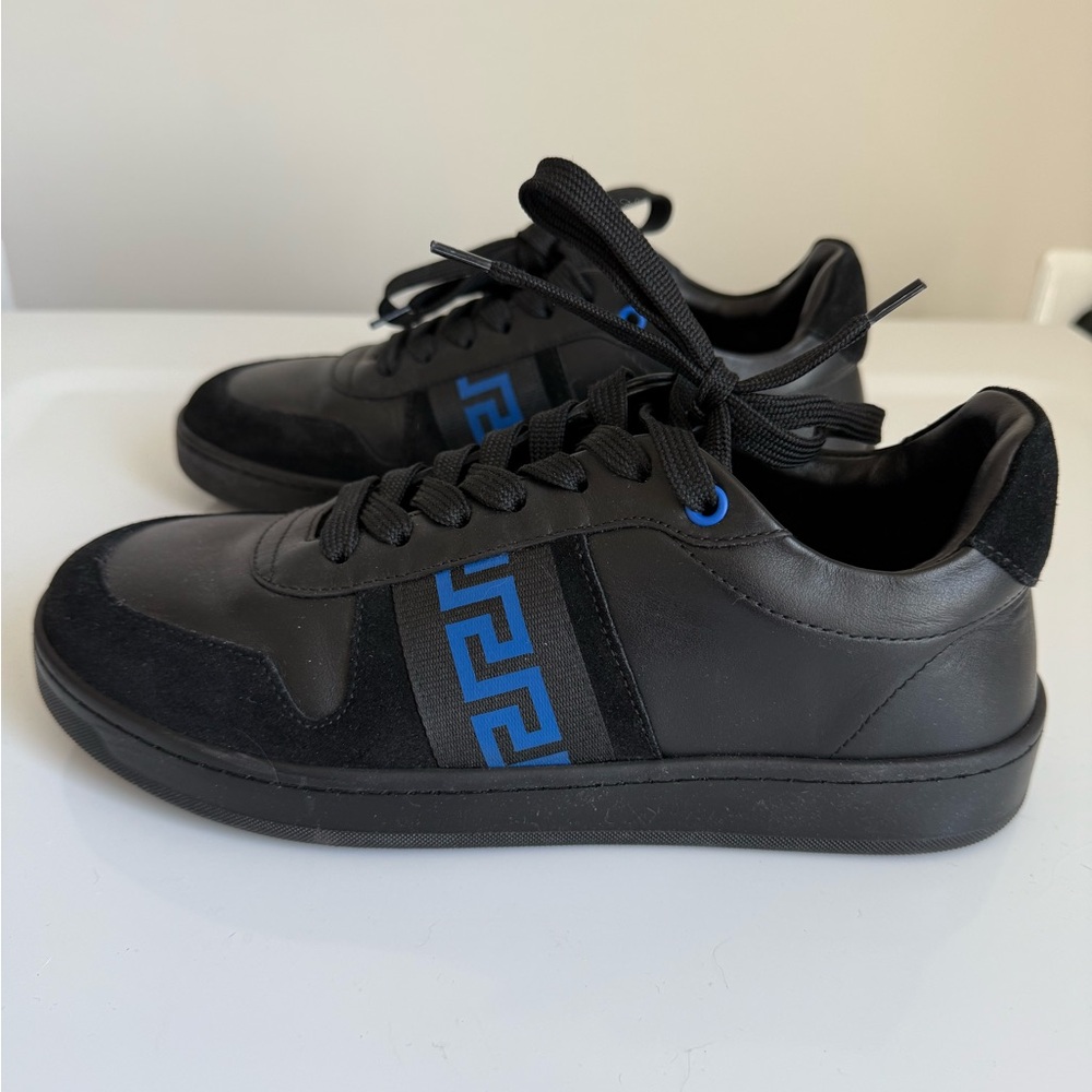 Versace Black and Blue Low-Top Sneakers with Greek Key Pattern